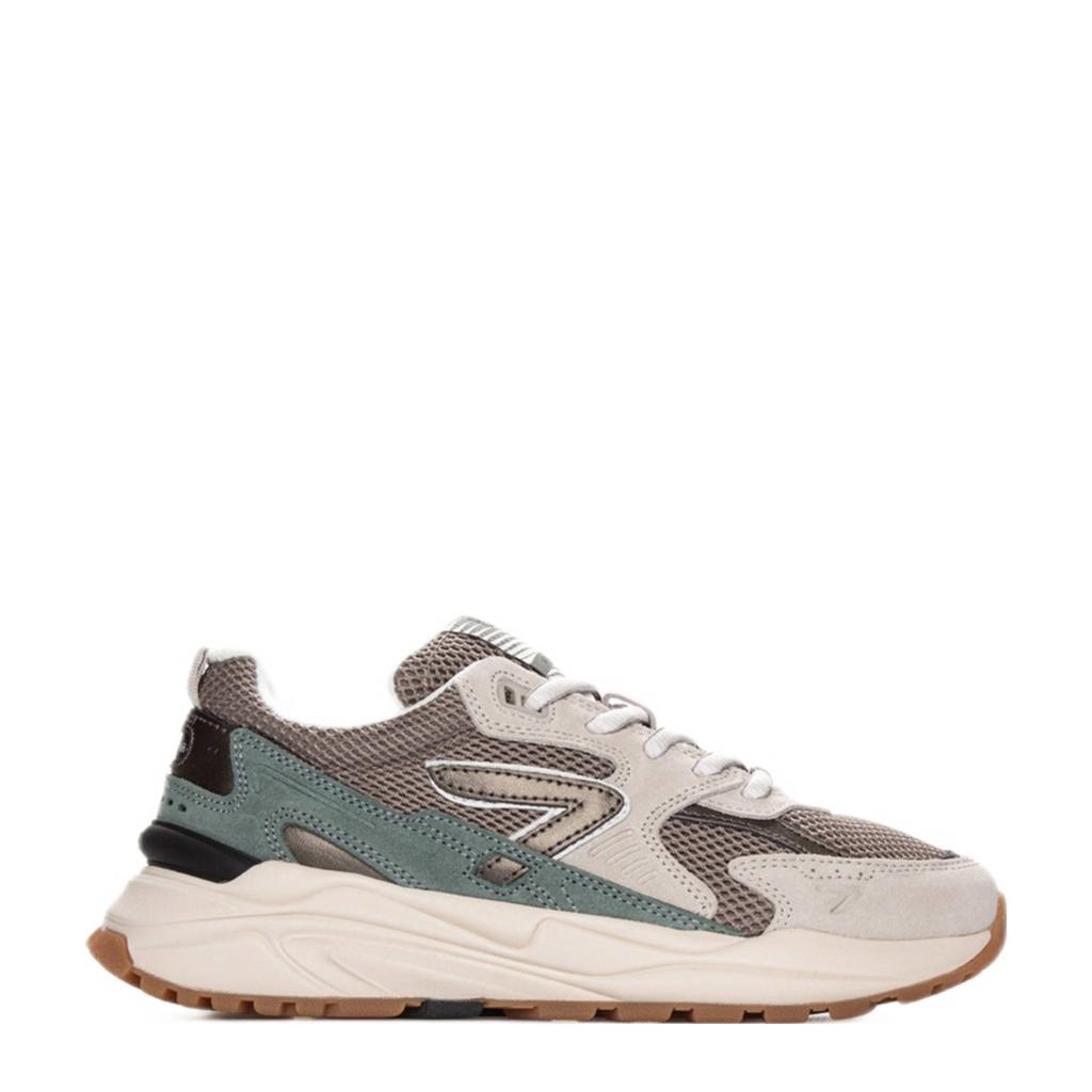 Beige en groene dames HUB Grid S48 suède sneakers met chunky hak en veters