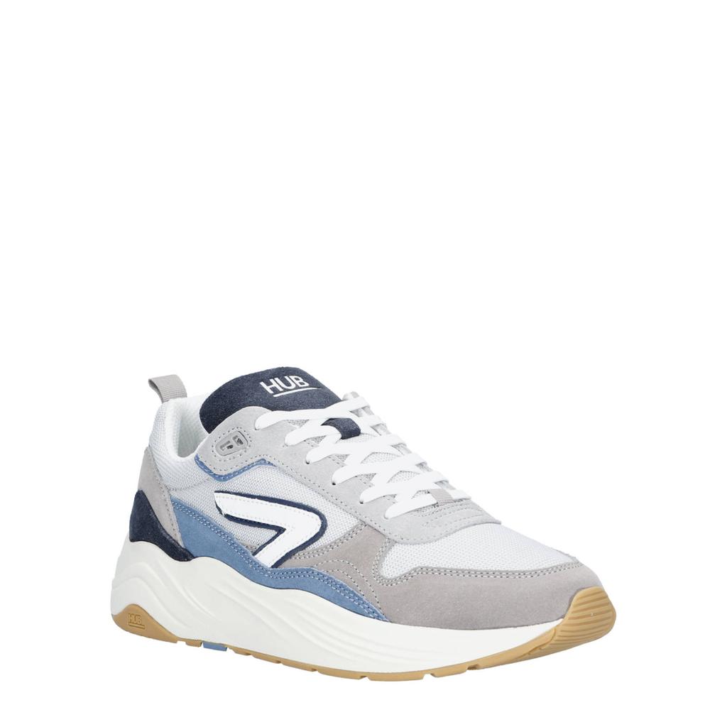 Grijs, wit en lichtblauwe heren HUB Glide suède sneakers met chunky hak en veters