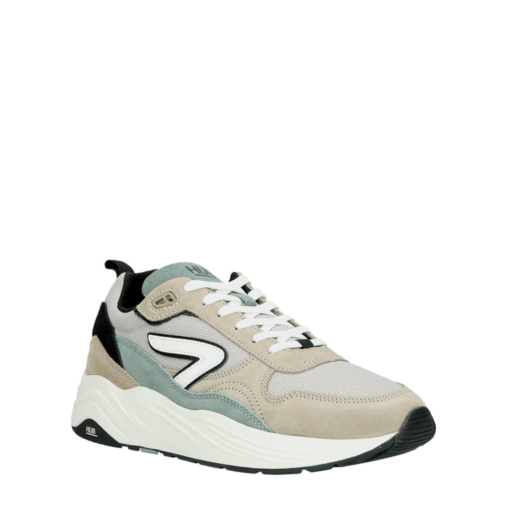 Beige en lichtgroene heren HUB Glide suède sneakers met chunky hak en veters