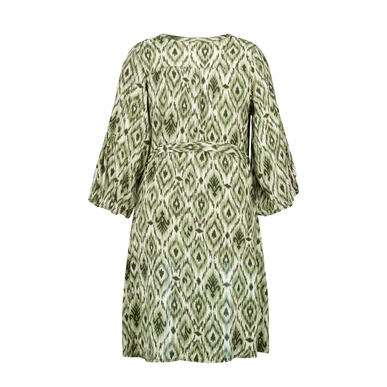 MS Mode jurk met all over print en ceintuur groen ecru