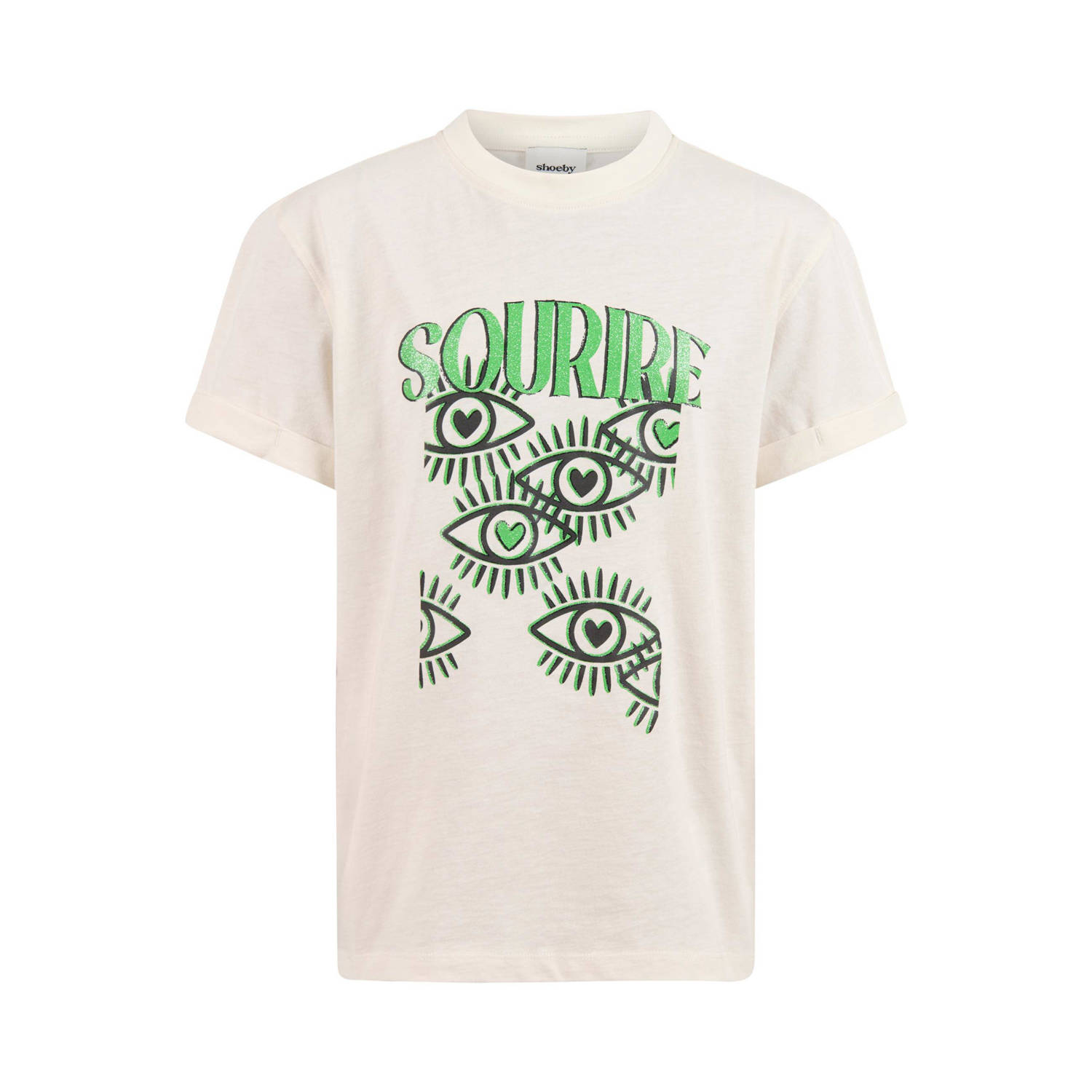 Shoeby T-shirt met printopdruk offwhite groen zwart Ecru Meisjes Katoen Ronde hals 110 116