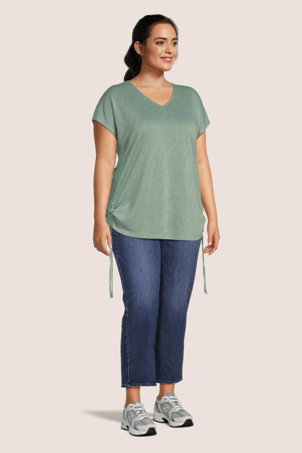 Grijsgroene dames GREAT LOOKS T-shirt van katoen met effen, korte mouwen en V-hals