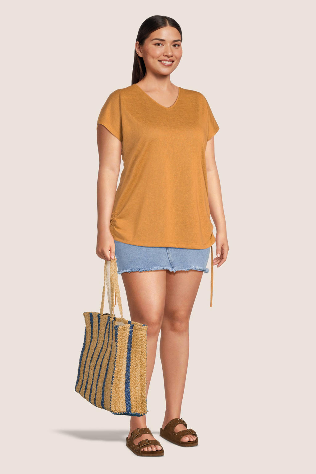 Oranje dames GREAT LOOKS T-shirt van katoen met effen, korte mouwen en V-hals