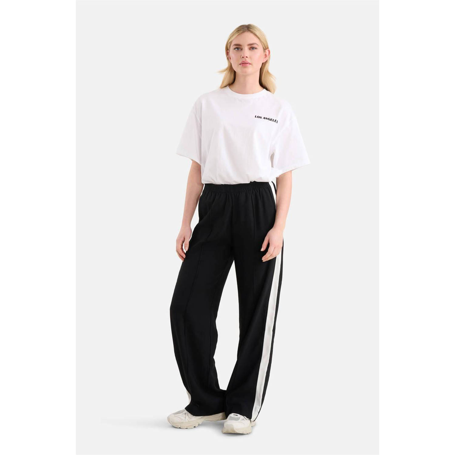 Shoeby gestreepte high waist wide leg broek zwart wit
