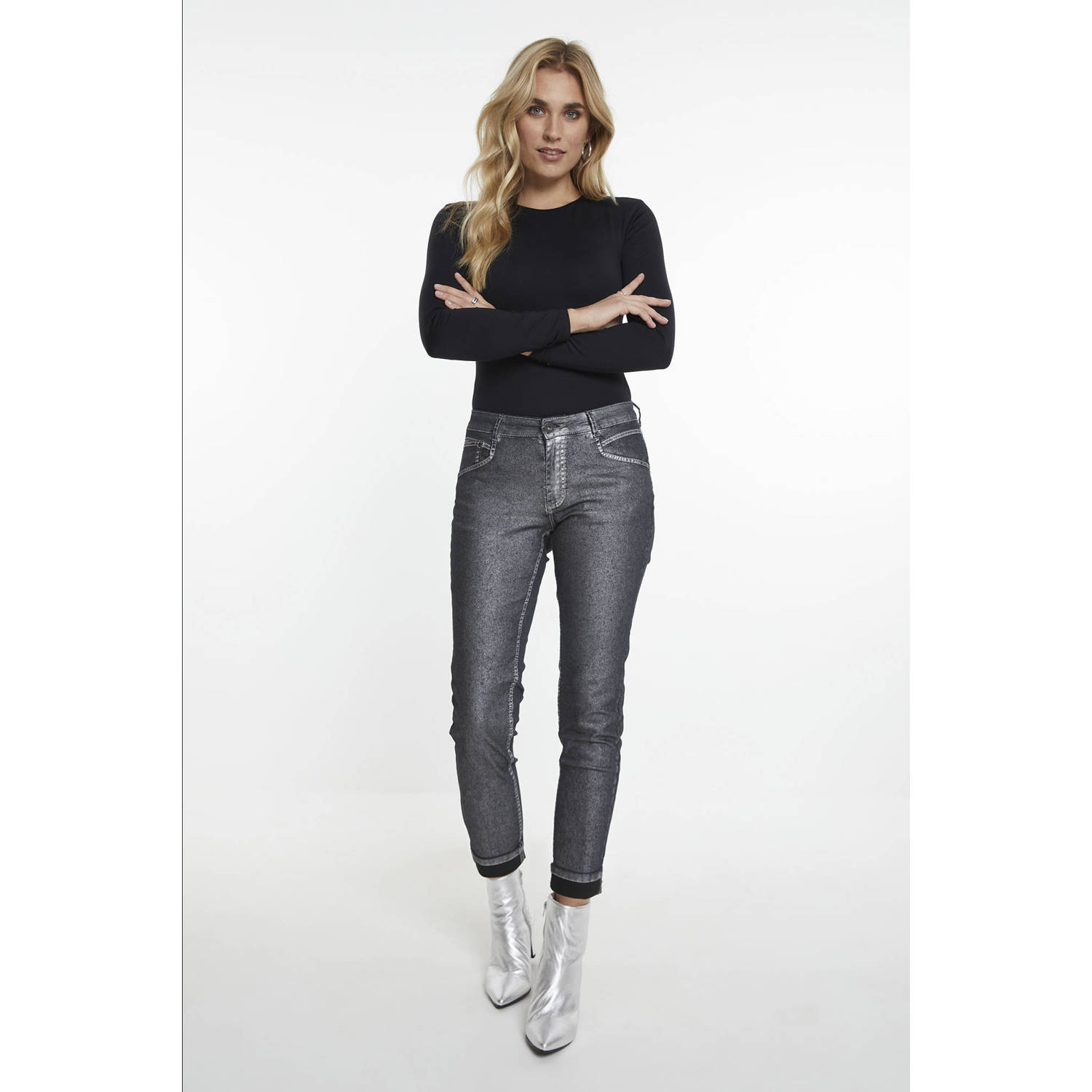 Para Mi coated high waist tapered fit broek Bowie zilver