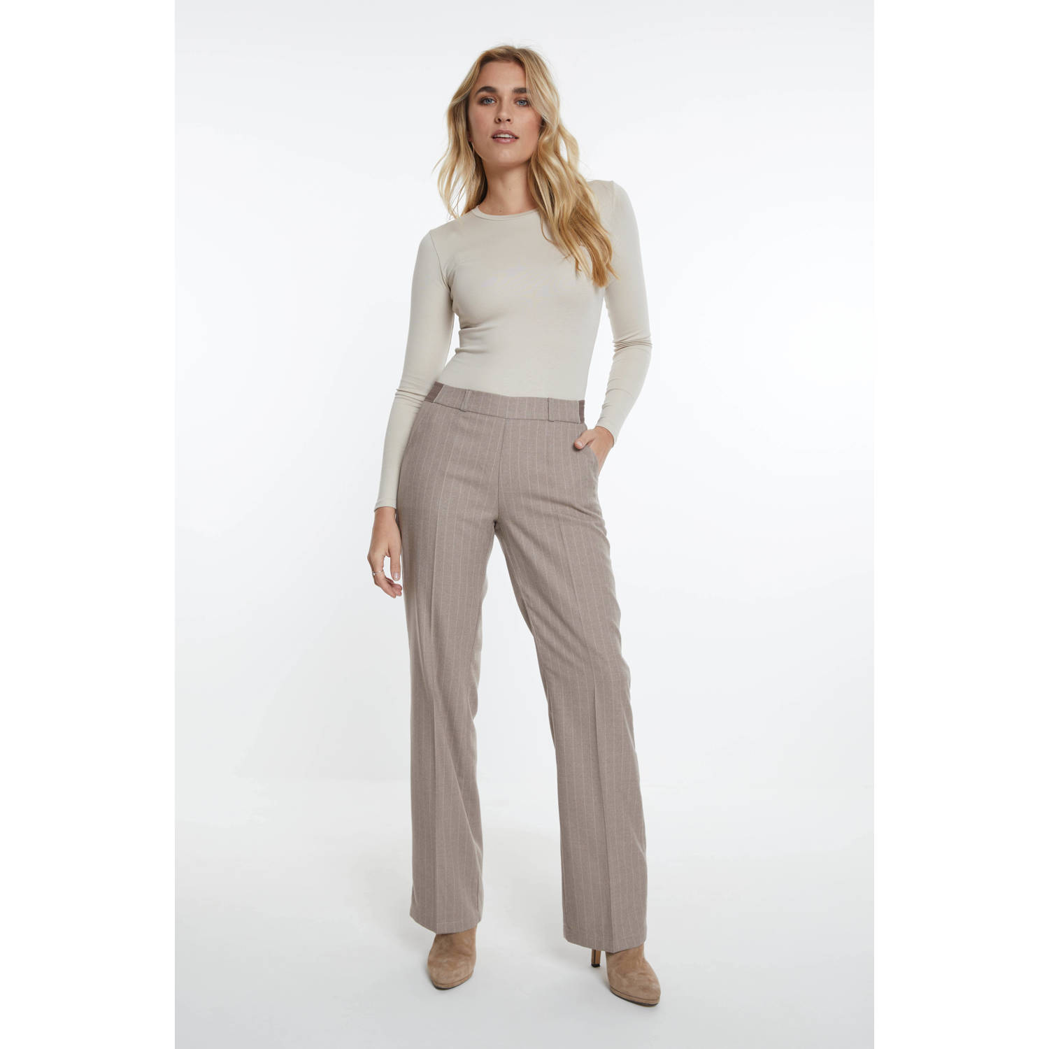 Para Mi high waist wide leg broek Hannah elastic met krijtstreep beige