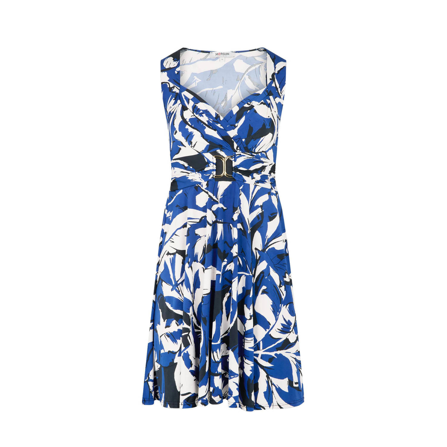 Morgan A-lijn jurk met all over print en ceintuur blauw wit