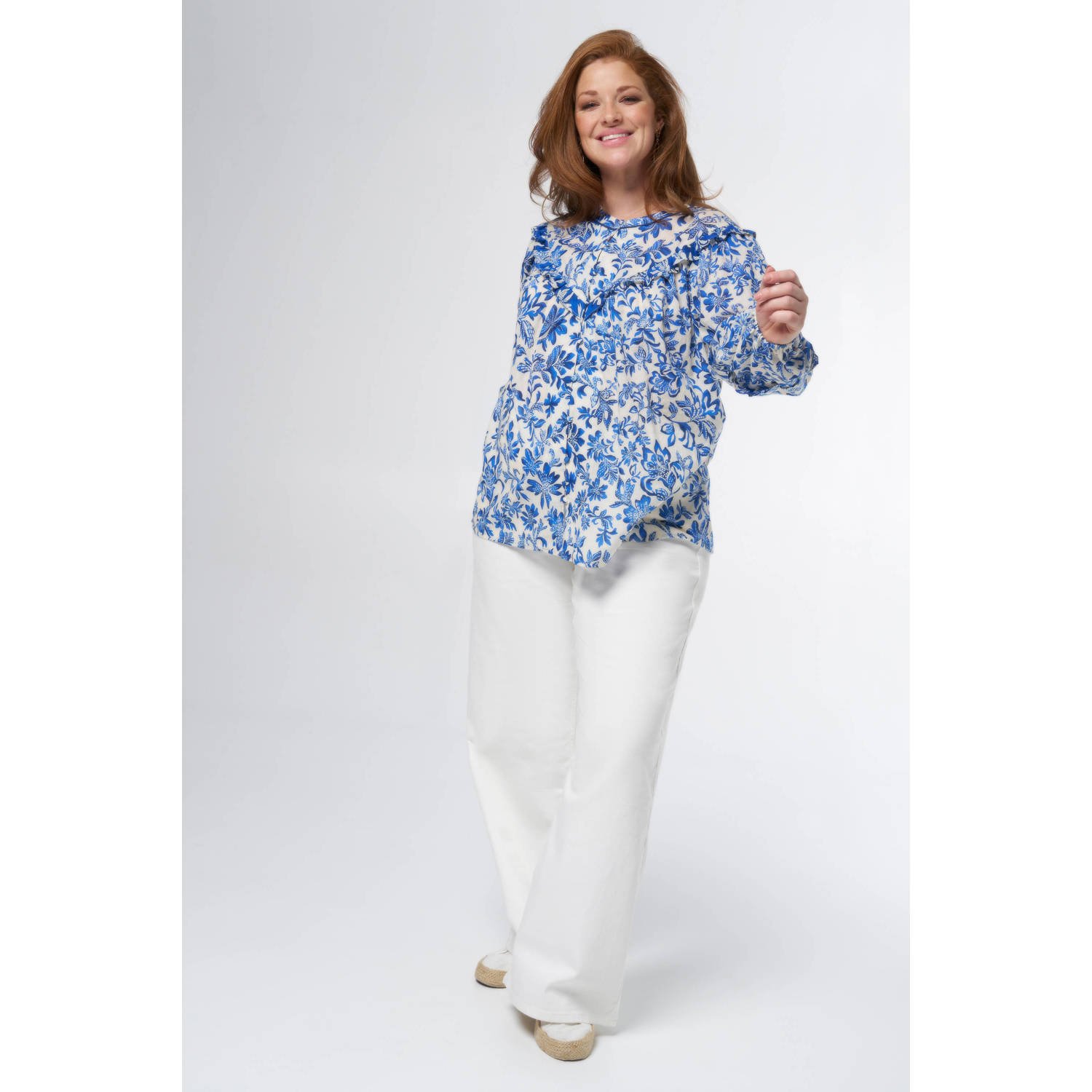 MS Mode blouse met all over print en ruches blauw ecru