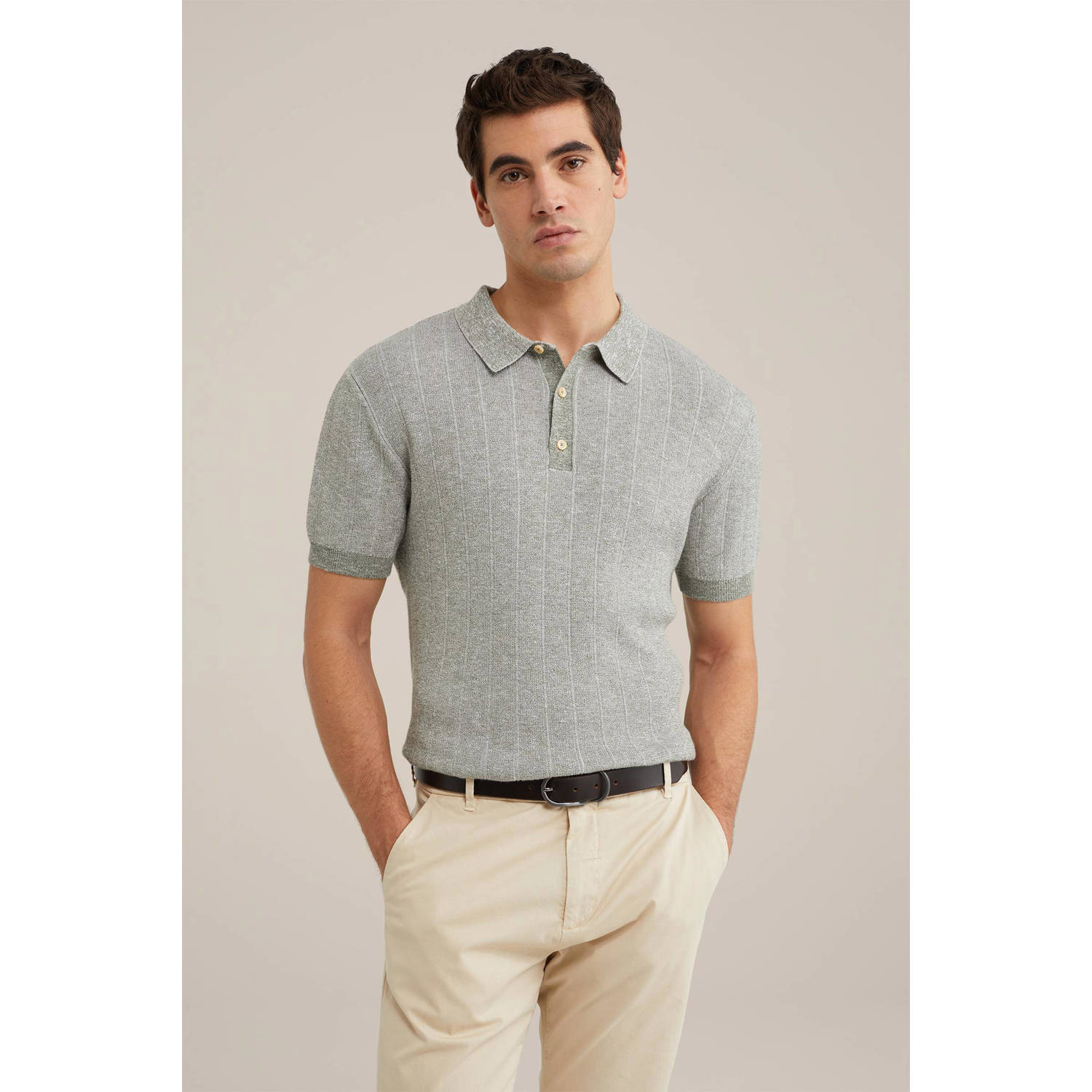 Van Gils gemêleerde fijngebreide regular fit polo met ingebreid patroon olivine