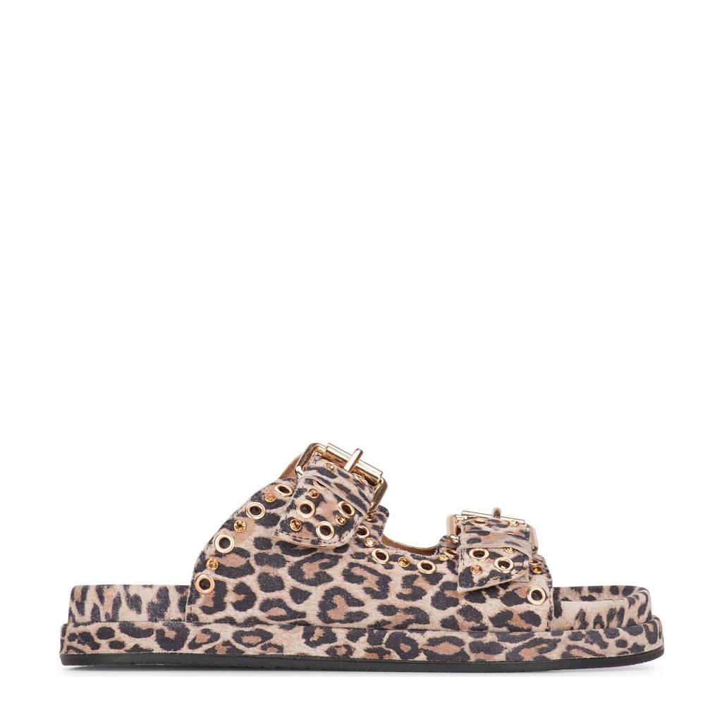 Bruine dames Poelman suède slippers met panterprint