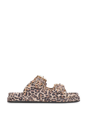 suède slippers met panterprint bruin
