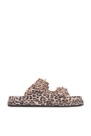 suède slippers met panterprint bruin