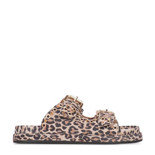 PS Poelman suède slippers met panterprint bruin afbeelding