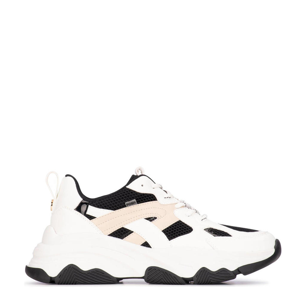 Wit en zwarte dames POSH by Poelman Gigi chunky sneakers van synthetisch materiaal met veters