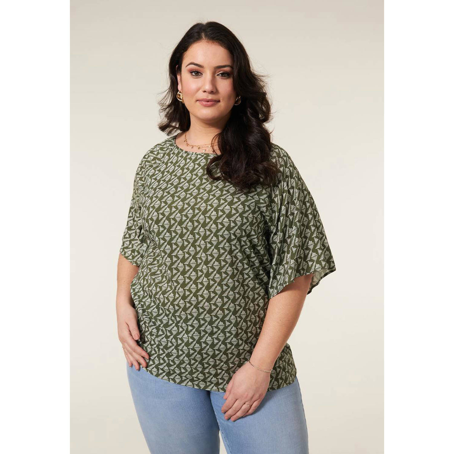 Miss Etam Plus top met all over print groen