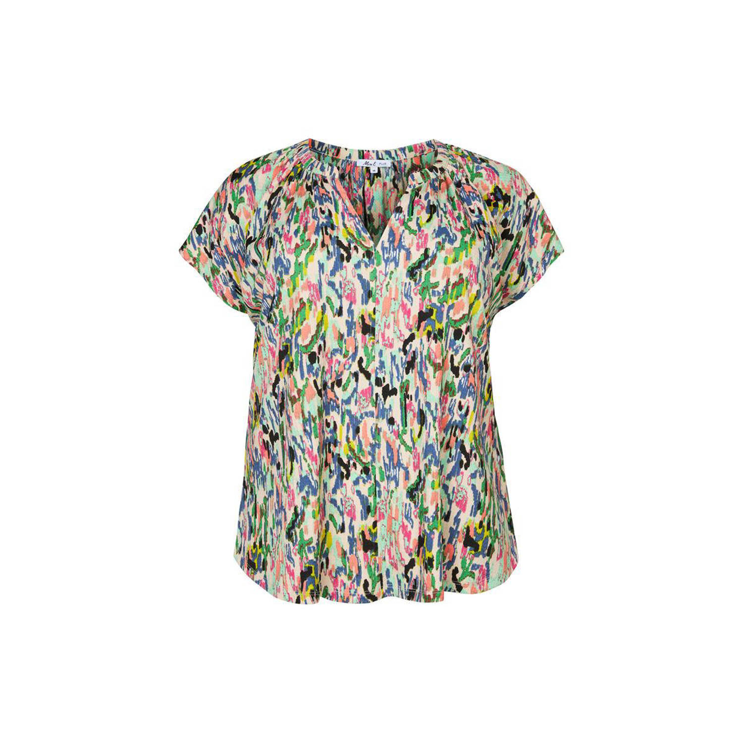 Miss Etam Plus top met all over print ecru roze blauw groen