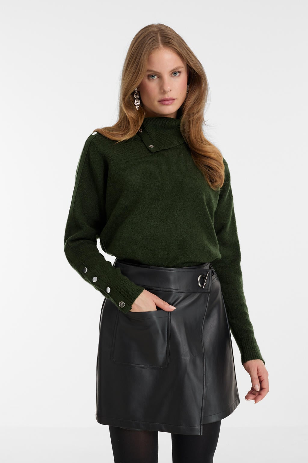 Zwarte dames Anytime imitatieleren skort voorzien van rits- en knoopsluiting