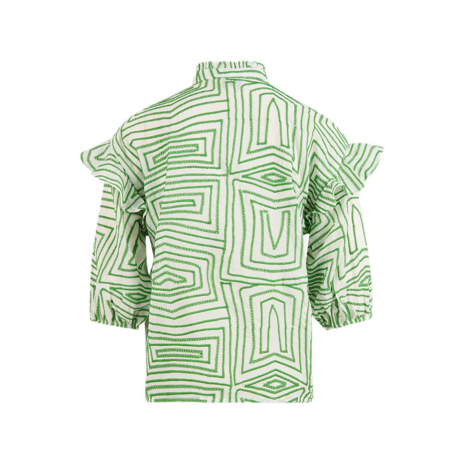 Shoeby blouse met all over print en borduursels groen ecru