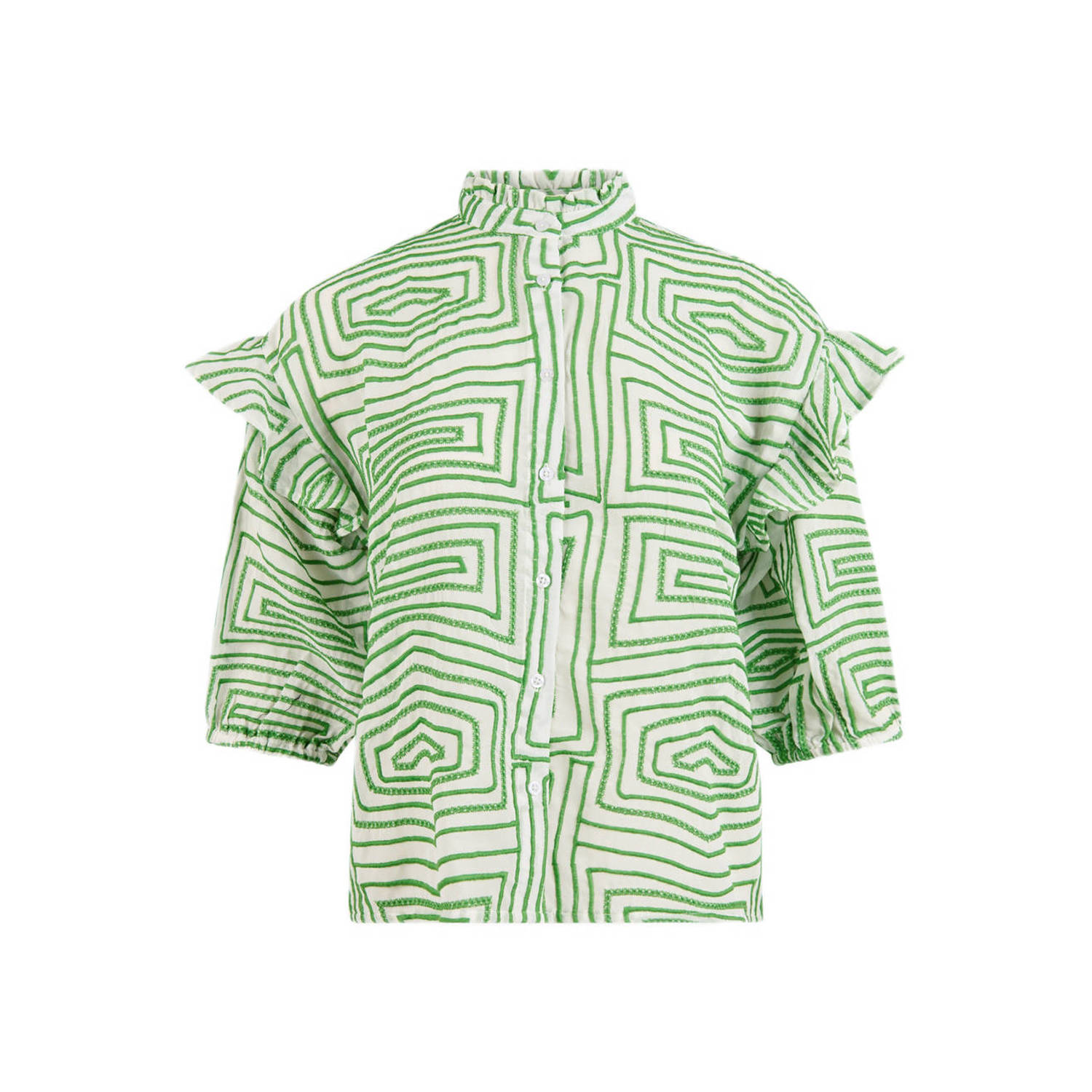 Shoeby blouse met all over print en borduursels groen ecru