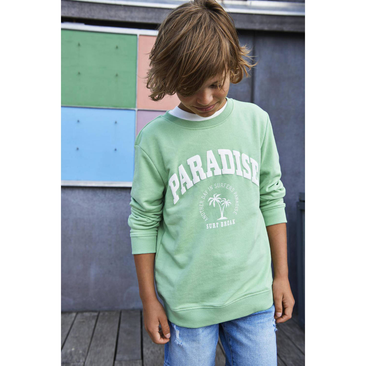 ONLY KIDS BOY sweater KOBHUGO met backprint frisgroen