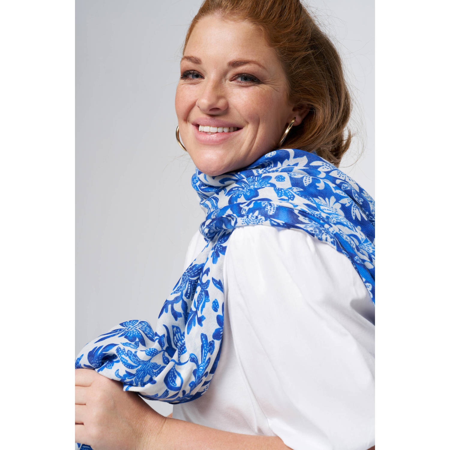 MS Mode sjaal met bloemenprint blauw wit