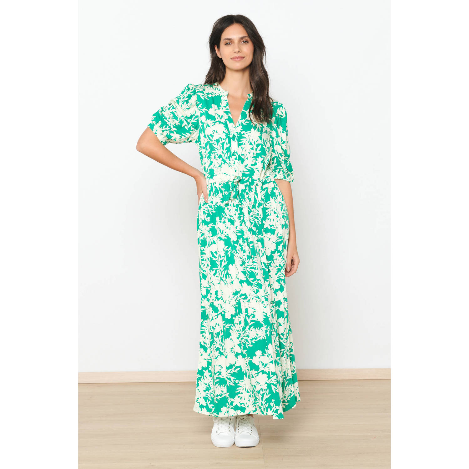LOLALIZA maxi jurk met all over print en volant groen ecru