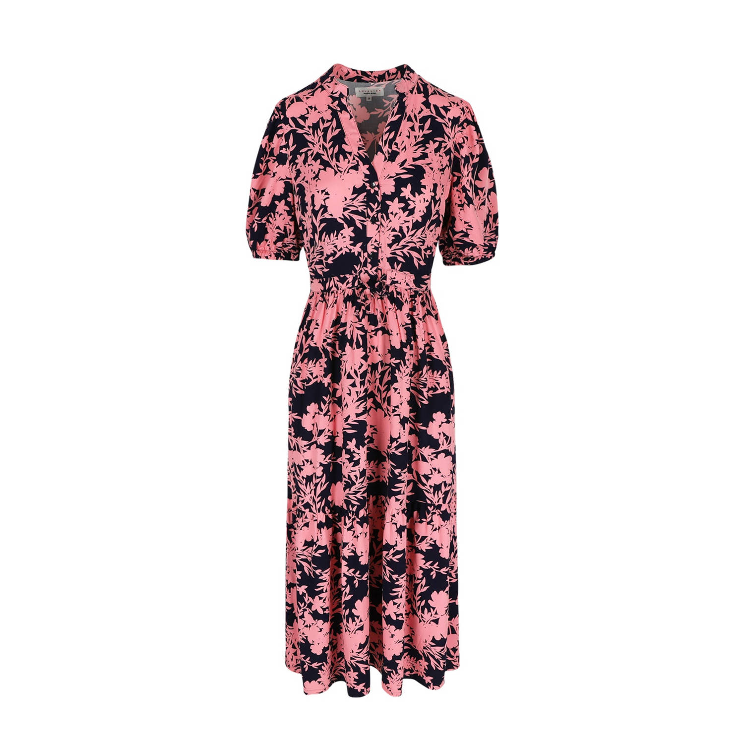 LOLALIZA maxi jurk met all over print en volant roze donkerblauw