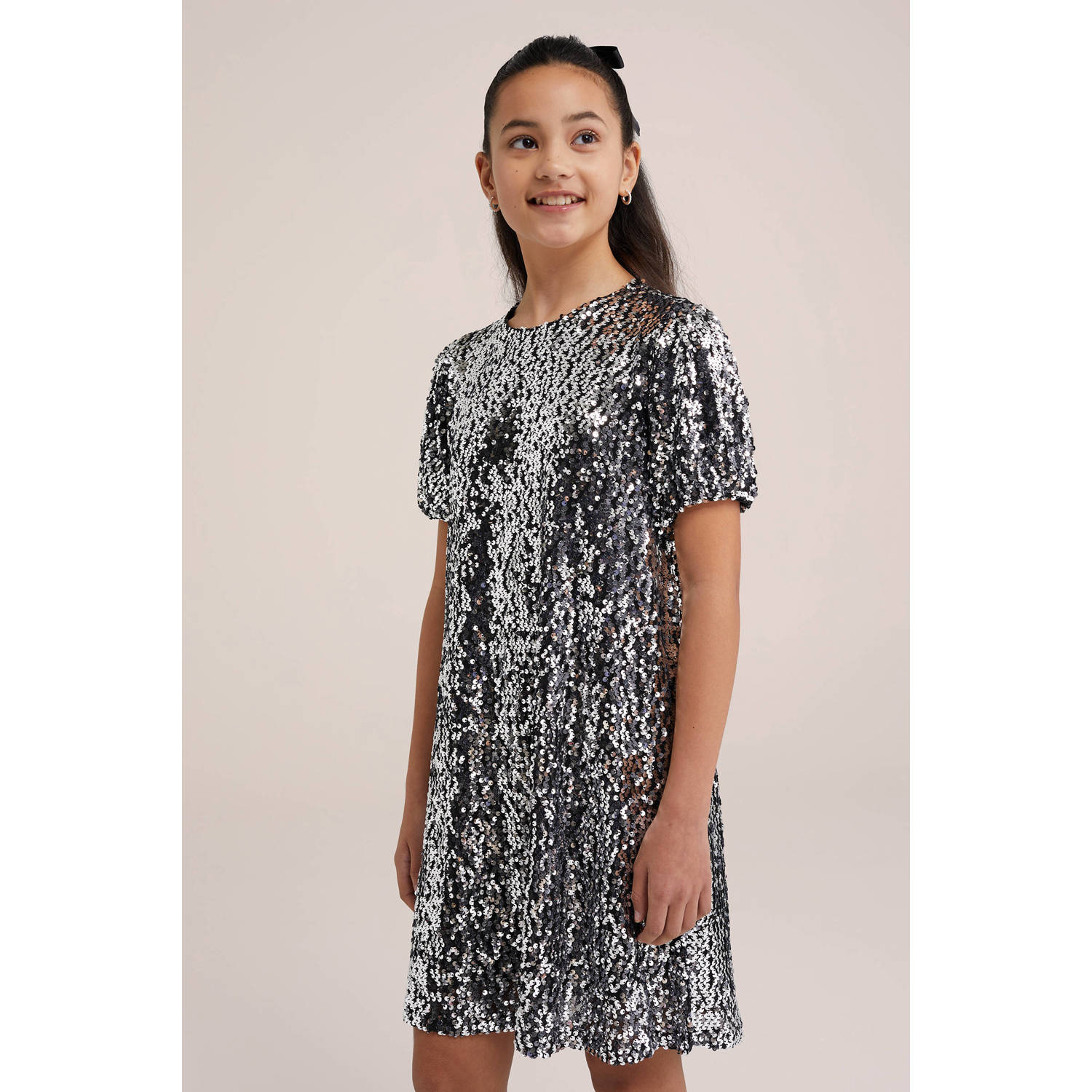 WE Fashion jurk zilver Meisjes Polyester Ronde hals Effen 134 140