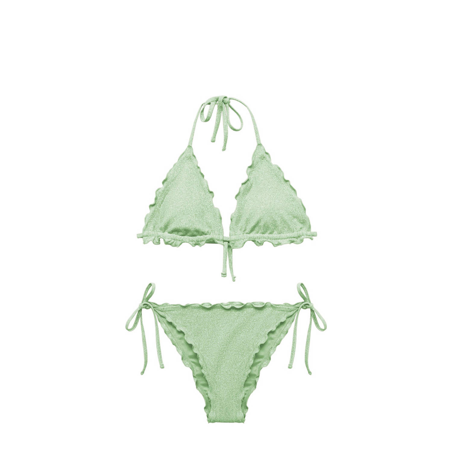 Mango Kids triangel bikini met ruches en lurex lichtgroen Meisjes Polyamide 152(XXS)