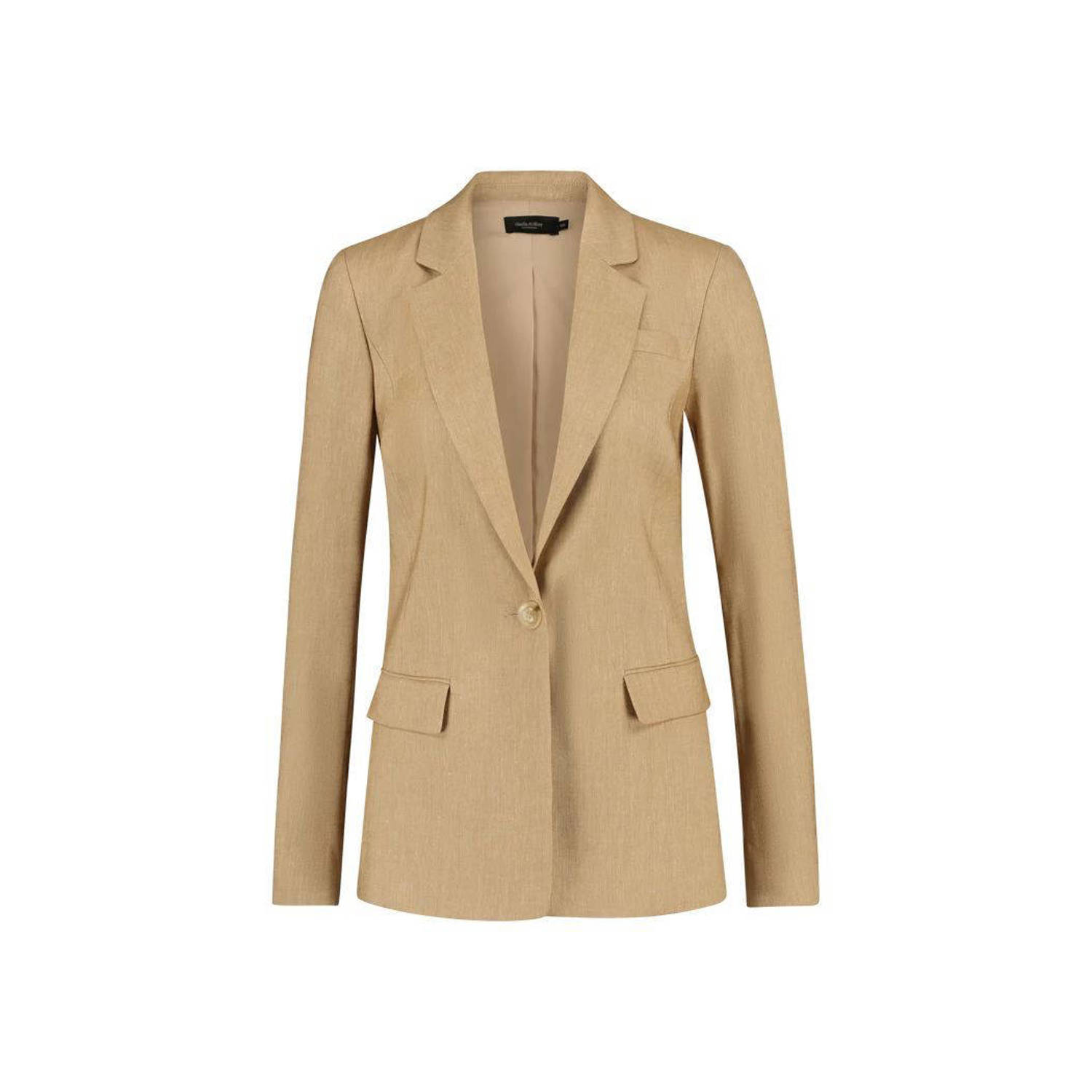 Claudia Sträter rechtvallende linnen blazer camel