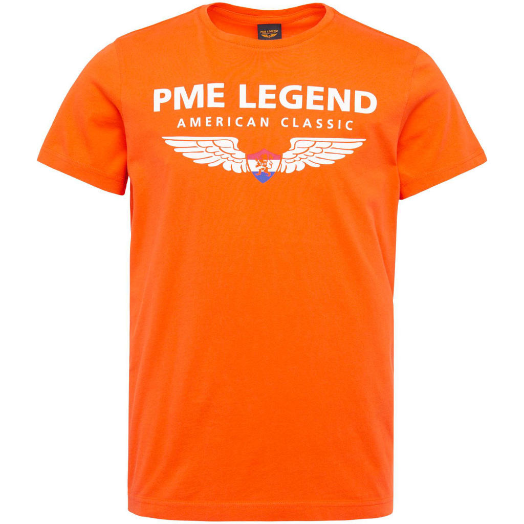 Oranje heren PME Legend T-shirt van katoen met printopdruk, korte mouwen en ronde hals