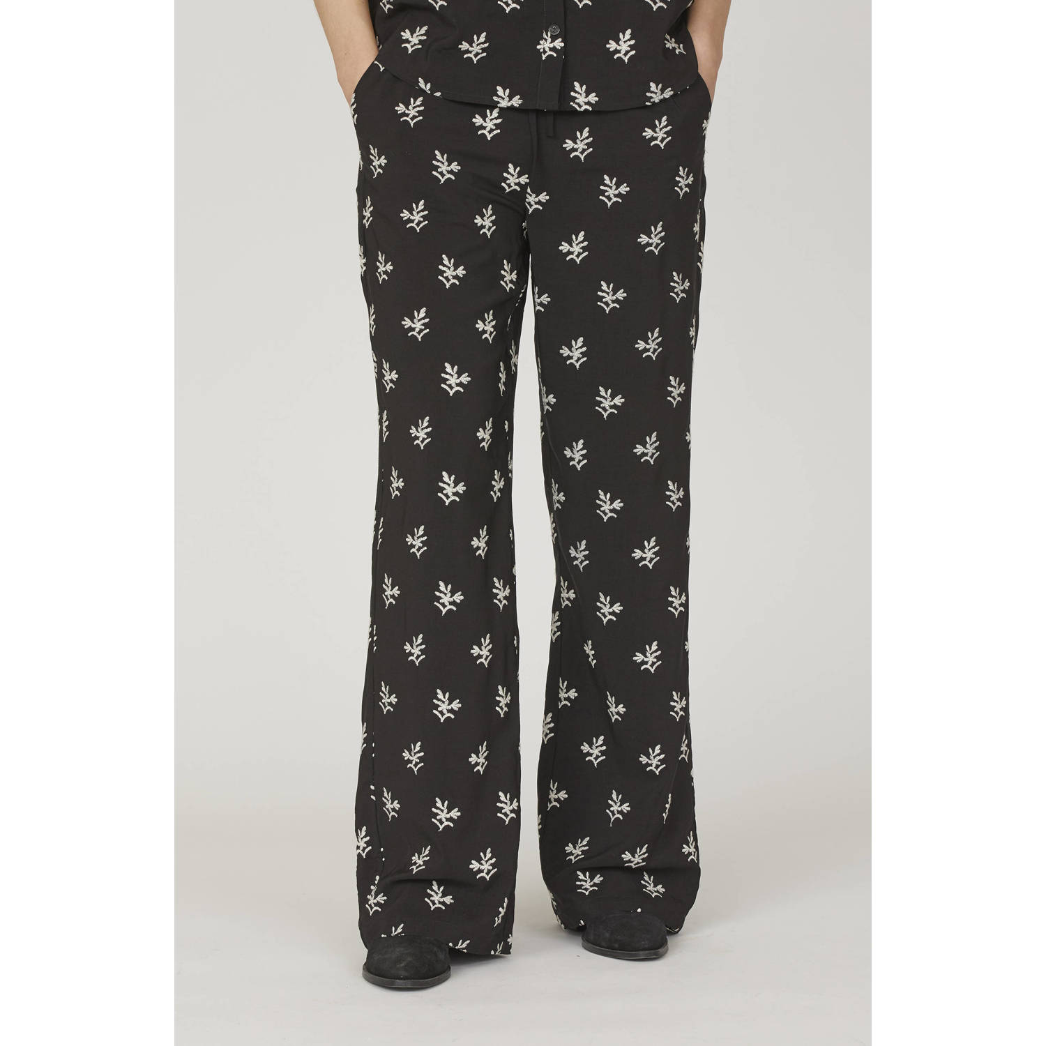 SisterS Point wide leg broek met all over print zwart ecru