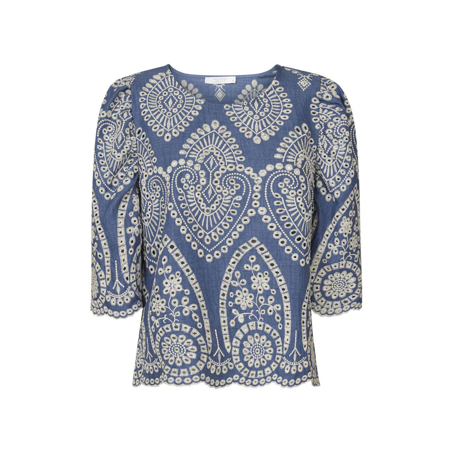 SisterS Point blousetop met all over print en open detail GILMA blauw wit