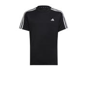thumbnail: Zwart en witte jongens adidas Sportswear sportshirt van polyester met strepenprint, korte mouwen en ronde hals