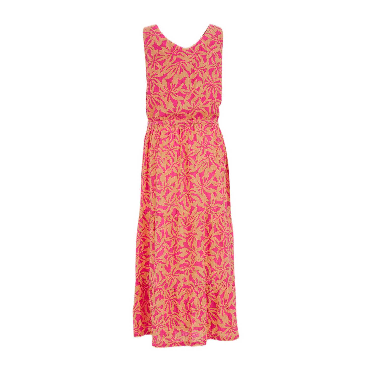 WE Fashion maxi jurk met all over print roze oranje Meisjes Viscose V-hals 110 116