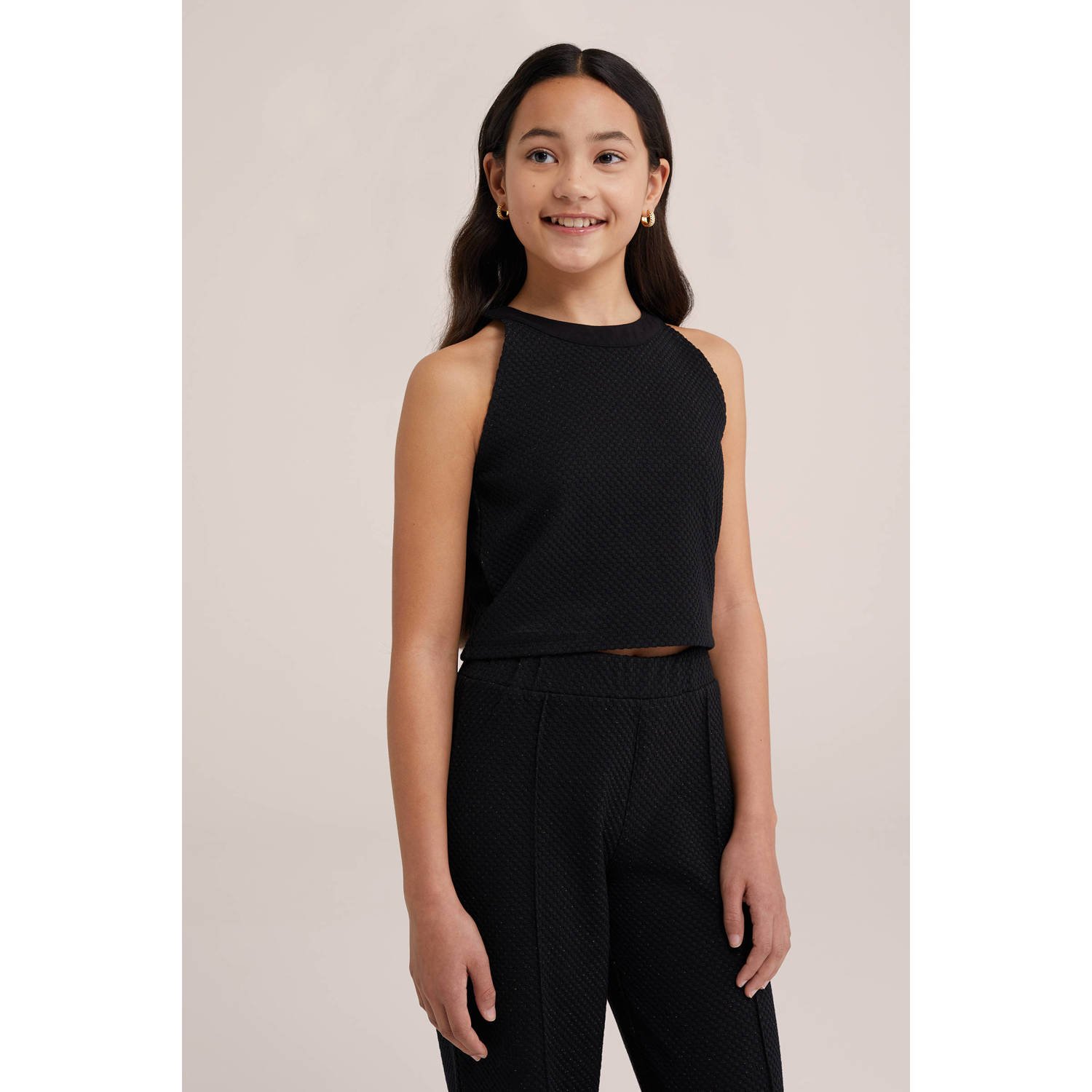 WE Fashion T-shirt black uni Zwart Meisjes Polyester Opstaande kraag Effen 146 152