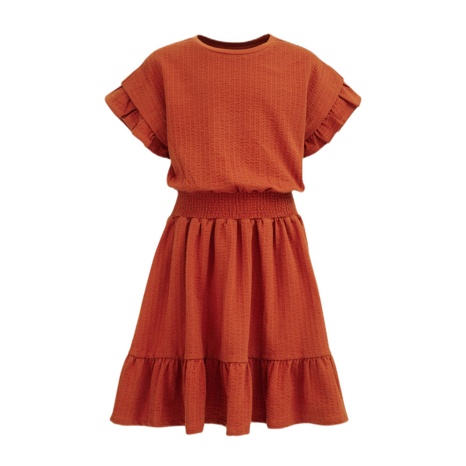WE Fashion jurk met all over print en ruches terra Oranje Meisjes Stretchkatoen Ronde hals 134 140