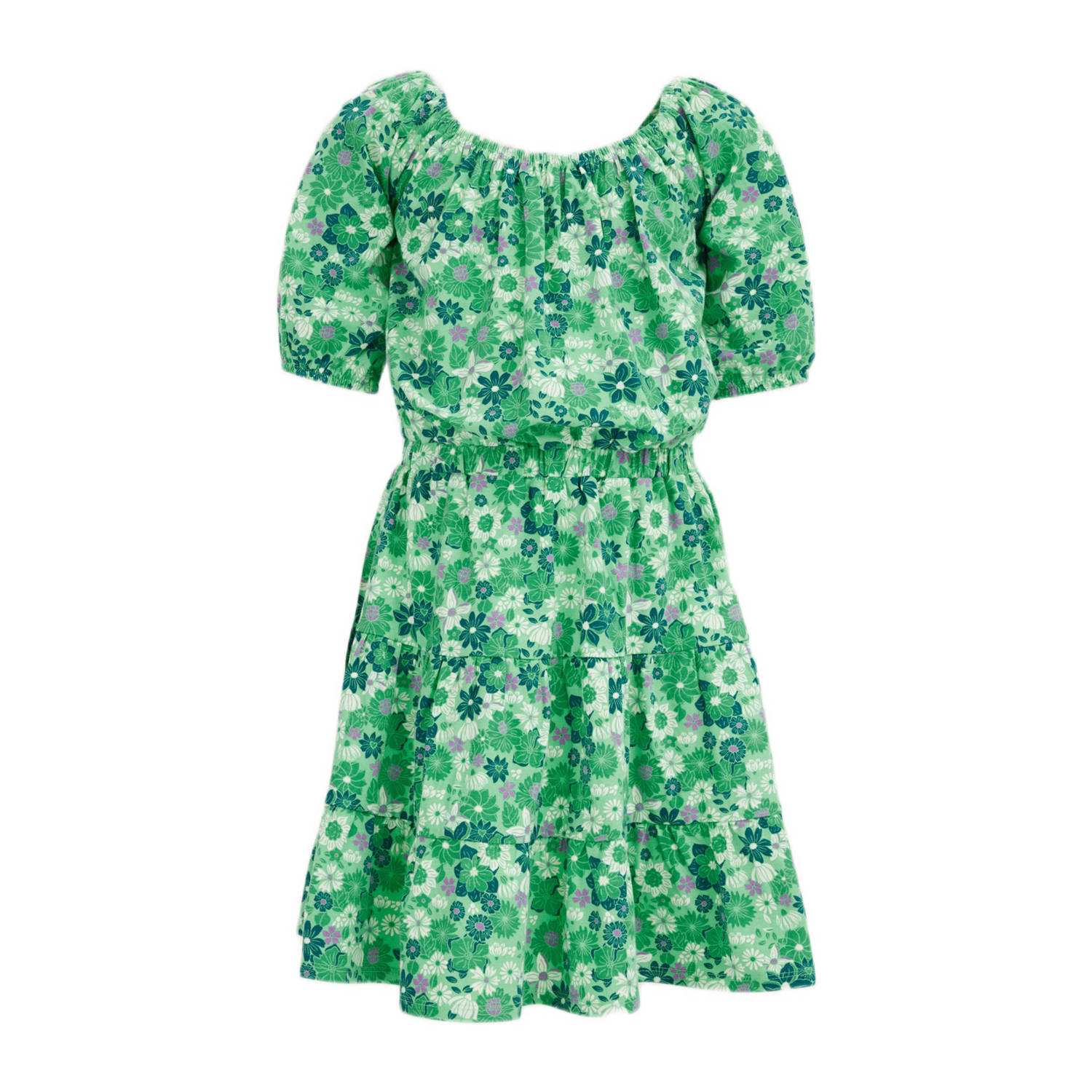 WE Fashion gebloemde jurk groen Meisjes Stretchkatoen Ronde hals Bloemen 158 164