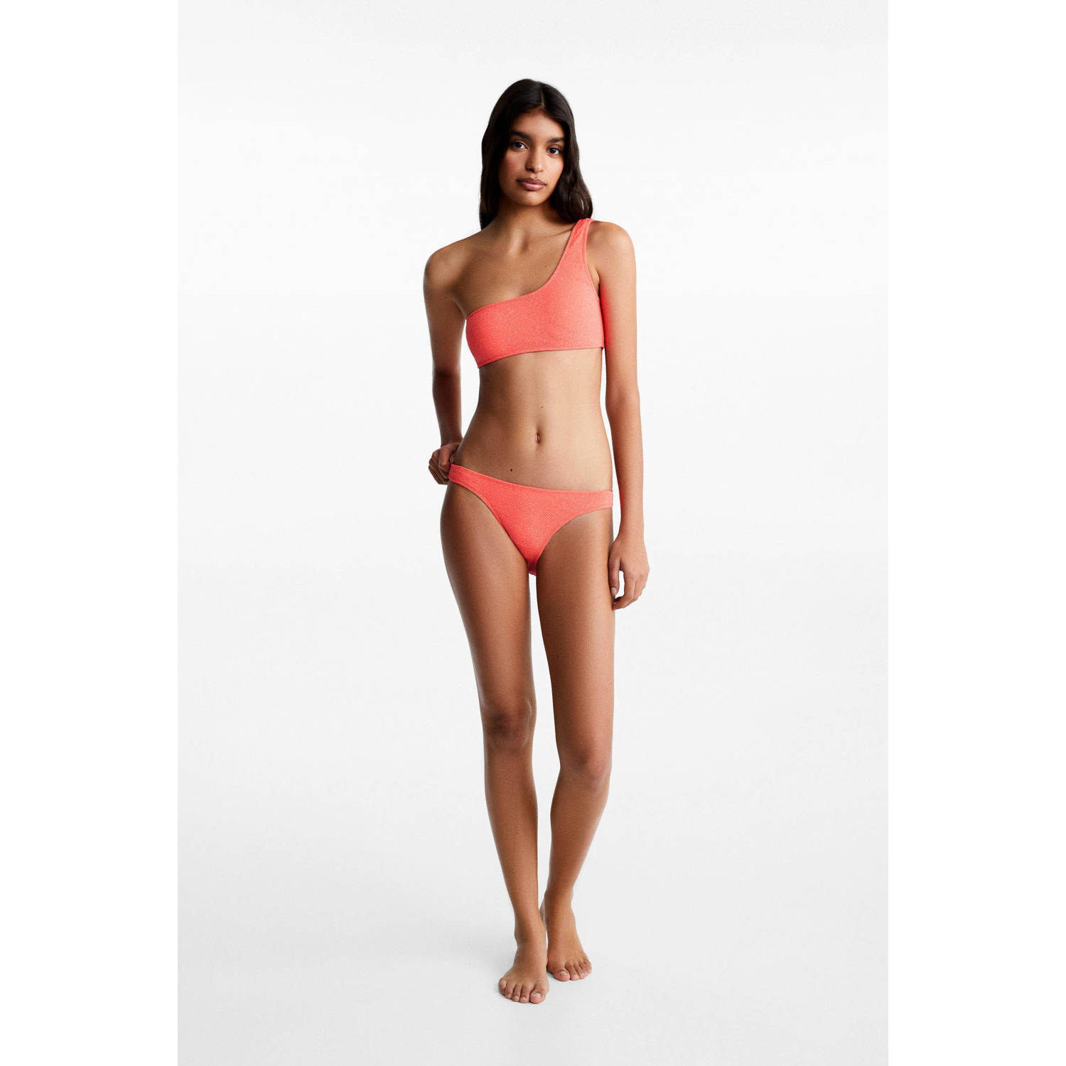 Mango Kids one shoulder crop bikini met lurex koraalrood