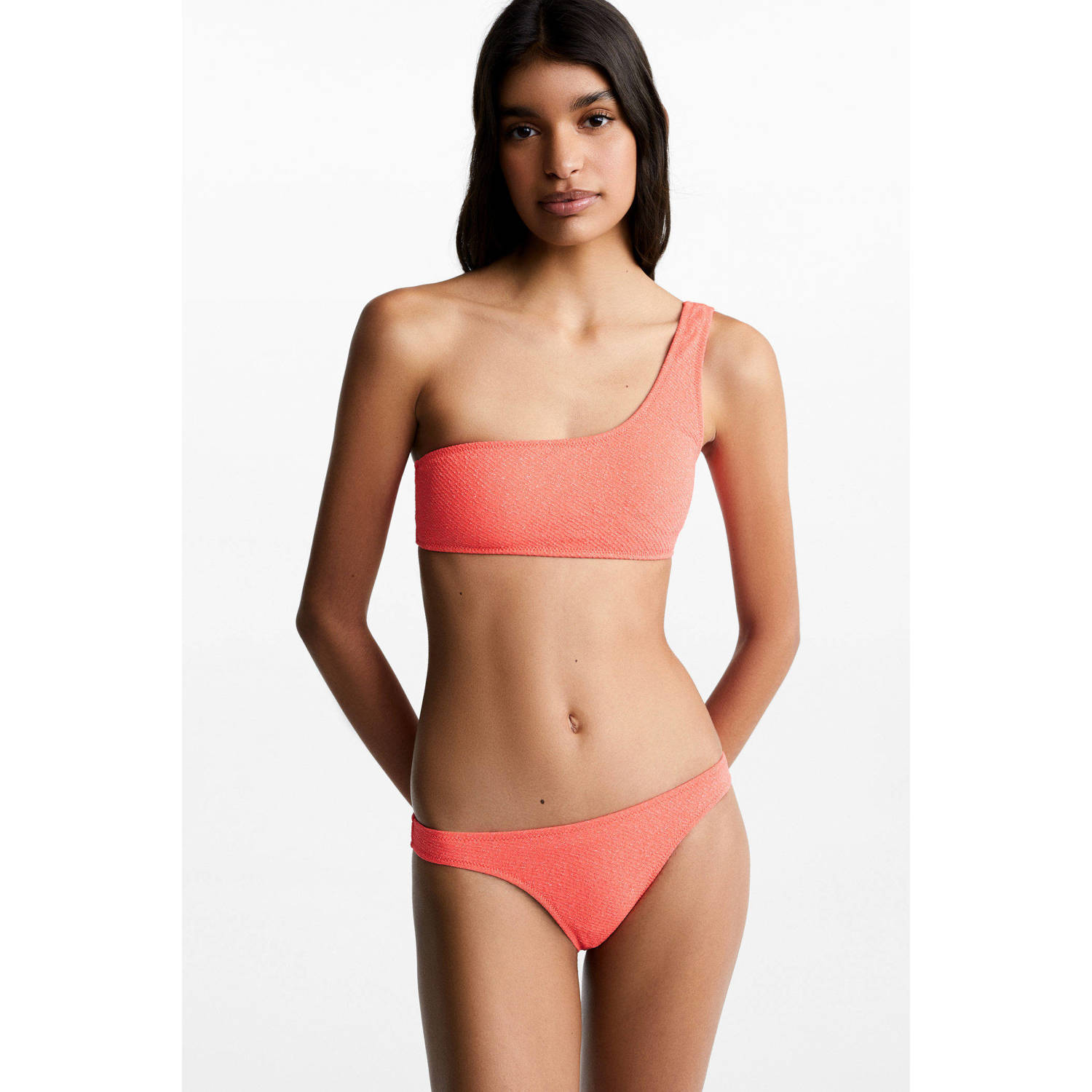 Mango Kids one shoulder crop bikini met lurex koraalrood