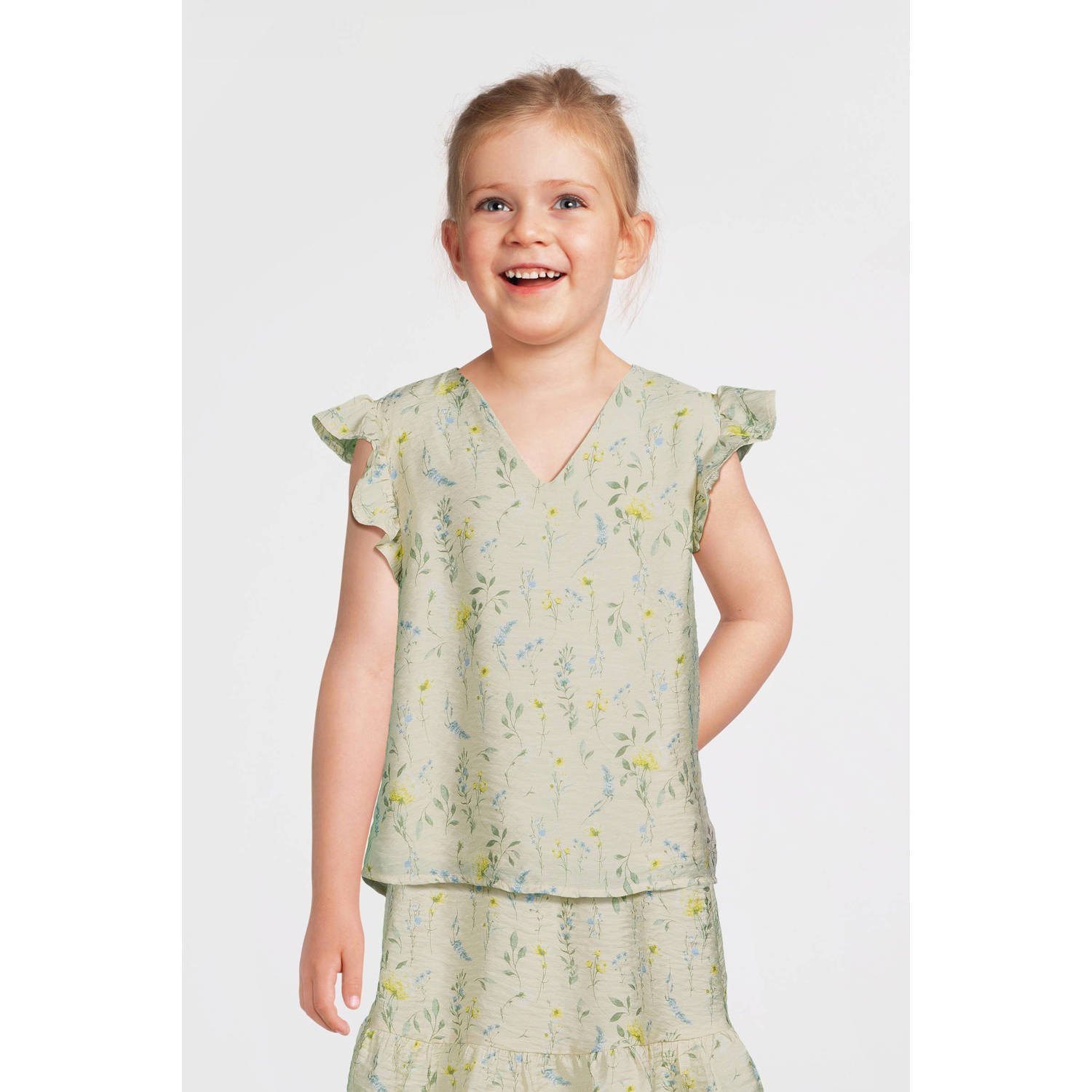 VERO MODA GIRL gebloemde top VMJOSIE ecru geel groen Meisjes Viscose V-hals 116