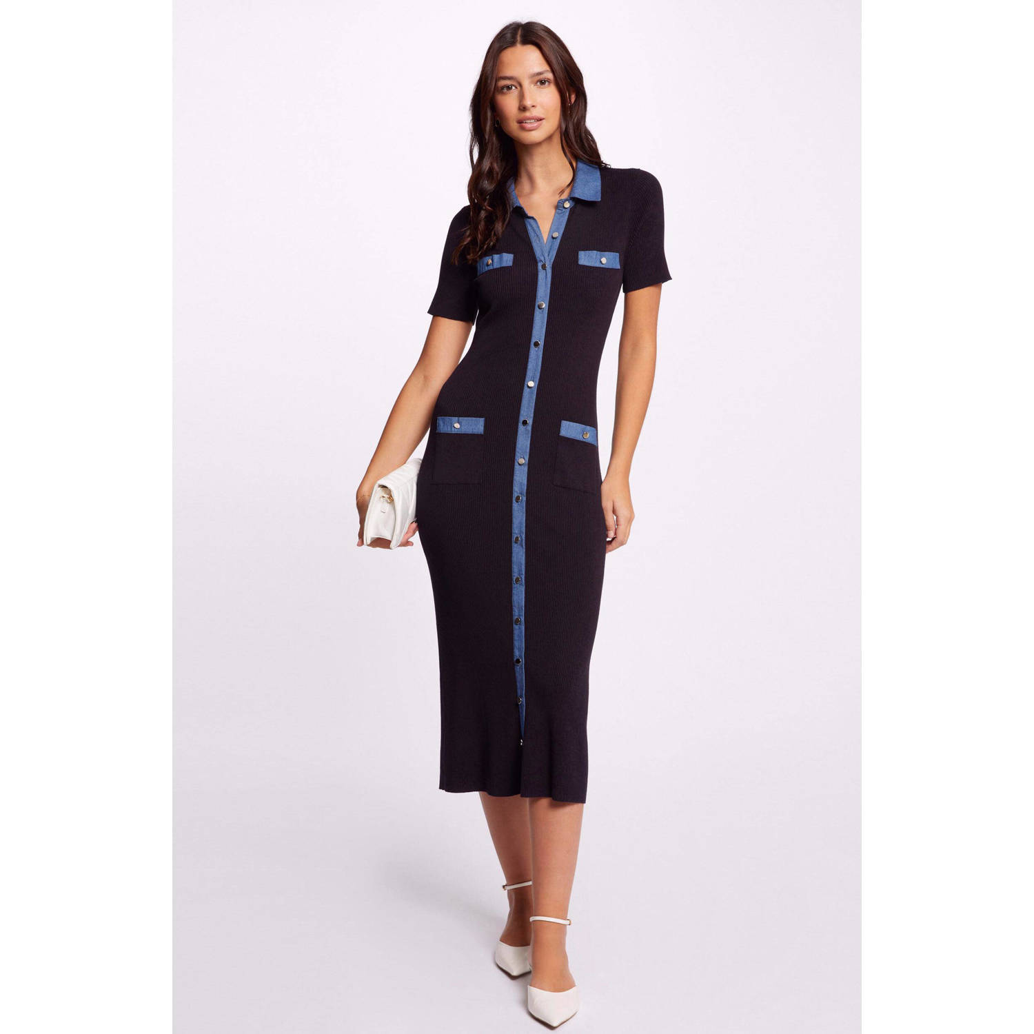 Morgan ribgebreide bodycon jurk marine donkerblauw