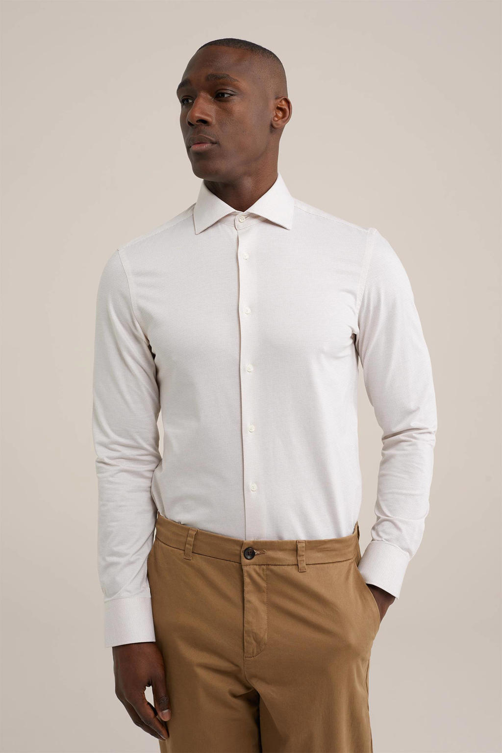 Beige heren WE Fashion slim fit overhemd van katoen met effen, lange mouwen, widespread hals en jacquard