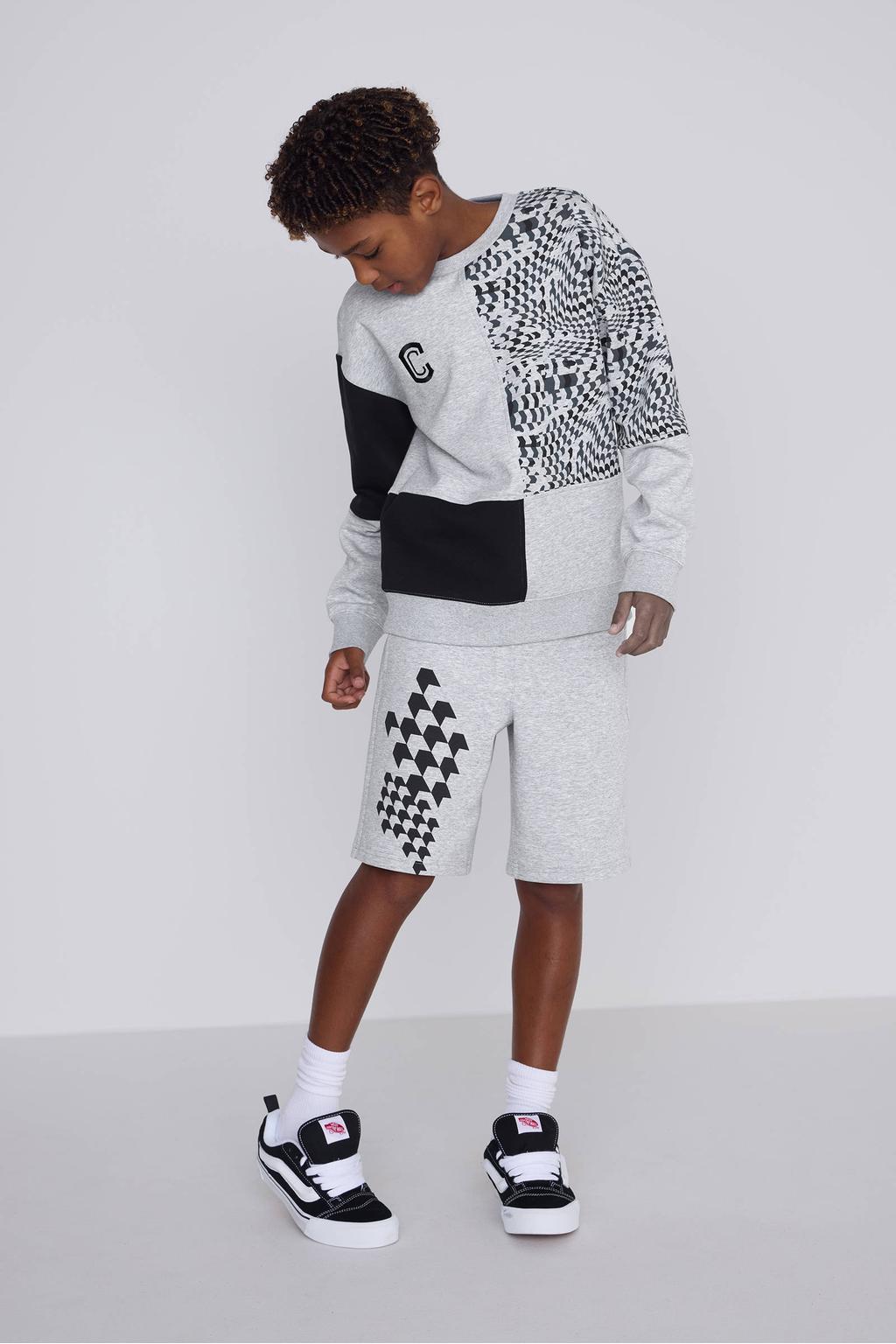 Grijs melange jongens Coolcat joggingshort Stephan Grijs van katoen met elastische tailleband met koord en printopdruk