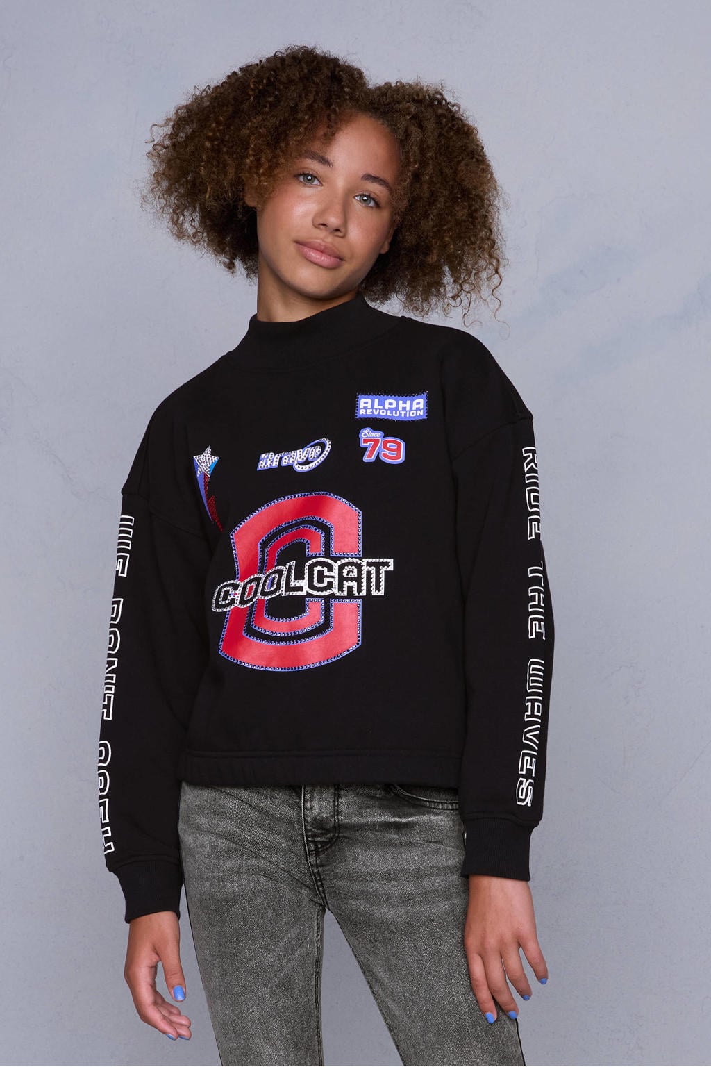 Zwarte meisjes Coolcat Sweater Tjinta met Diamond Racer Logo Print van katoen met lange mouwen en opstaande kraag