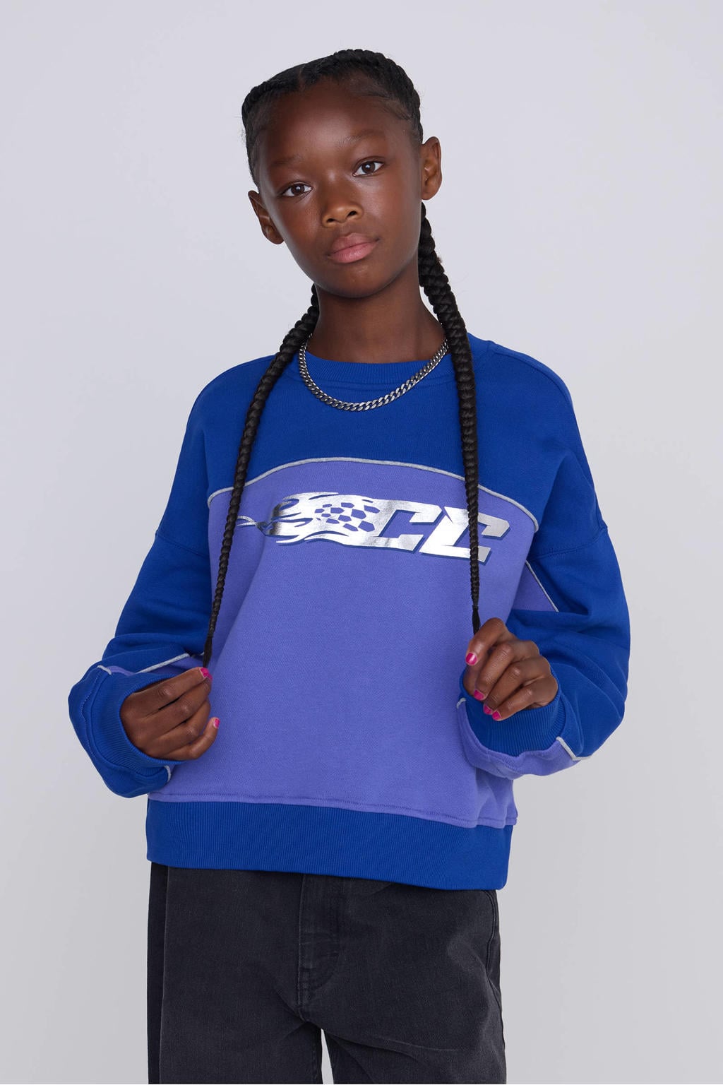 Paars en blauwe meisjes Coolcat Colourblock Sweater Nova Racing Print van katoen met lange mouwen en ronde hals