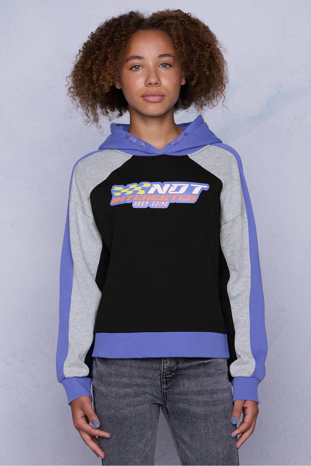 Zwart, grijs en paarse meisjes Coolcat Colourblock Hoodie Nathalia Not Interested Print van katoen met lange mouwen en capuchon