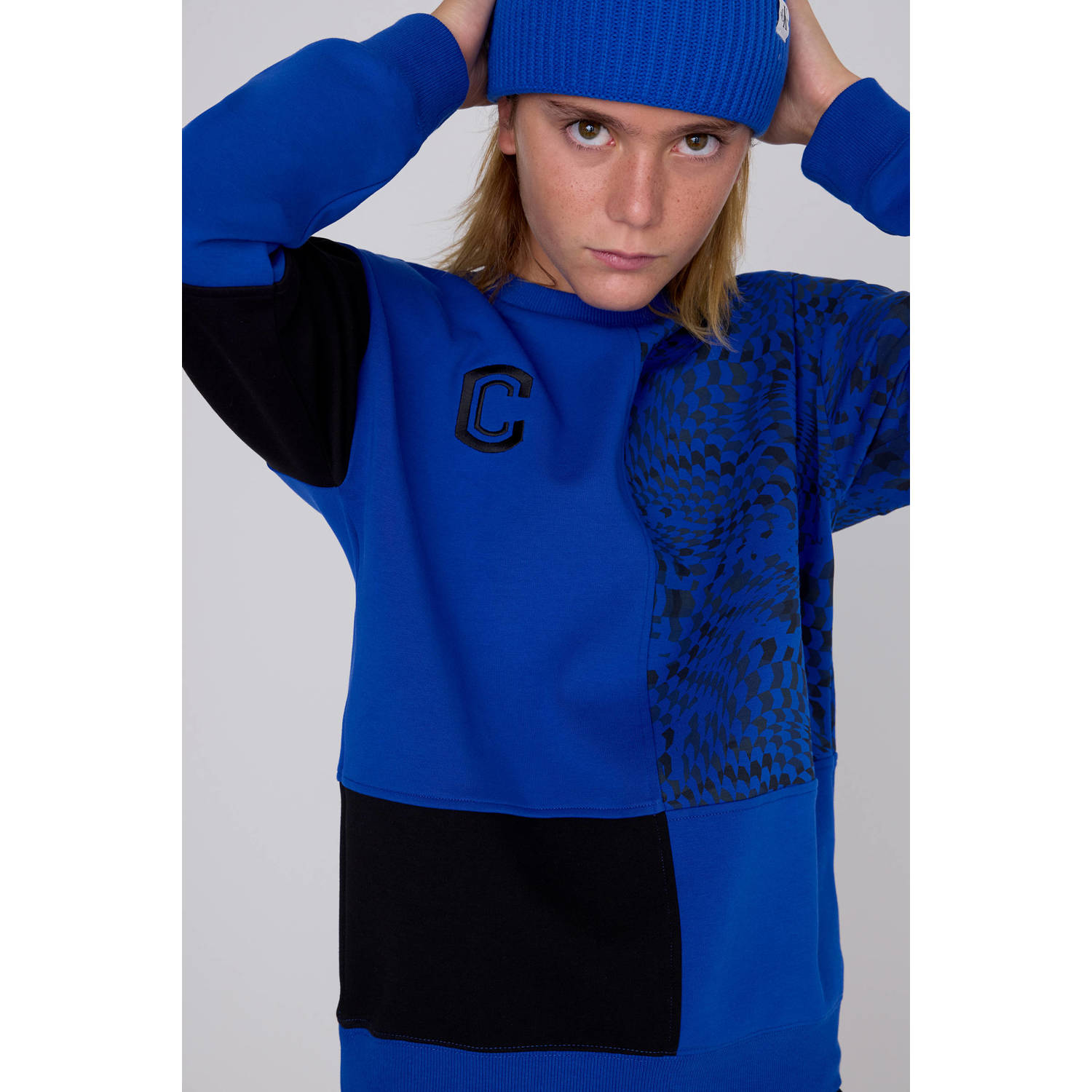 Coolcat Colourblock Sweater Nathan met Print Blauw