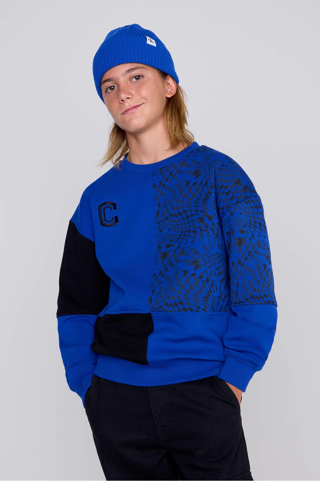 Blauwe jongens Coolcat Colourblock Sweater Nathan Blauw van katoen met lange mouwen en ronde hals