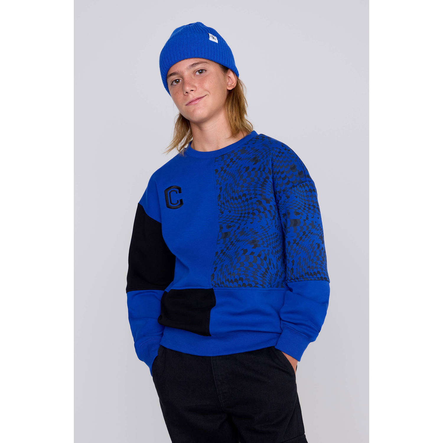 Coolcat Colourblock Sweater Nathan met Print Blauw